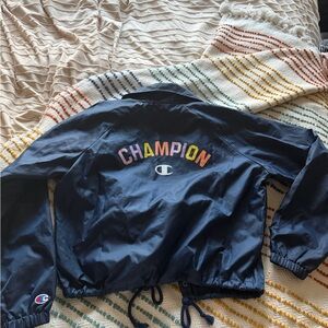 Champion Cropped Navy Raincoat with Multicolor Logo